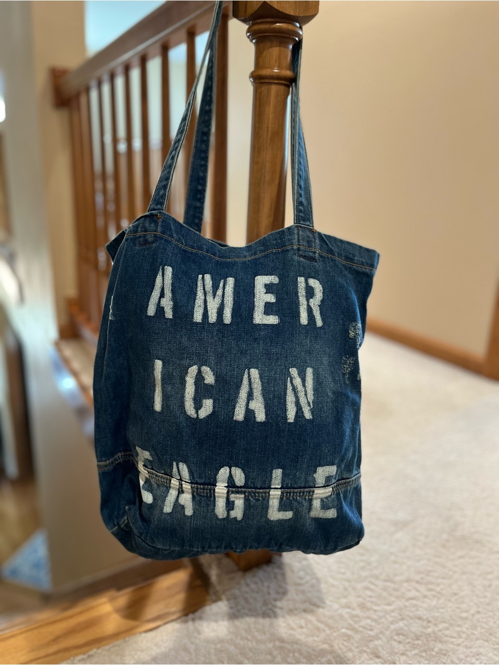 American Eagle Outfitters Distressed Denim Tote Bag - Dark Blue with White Logo